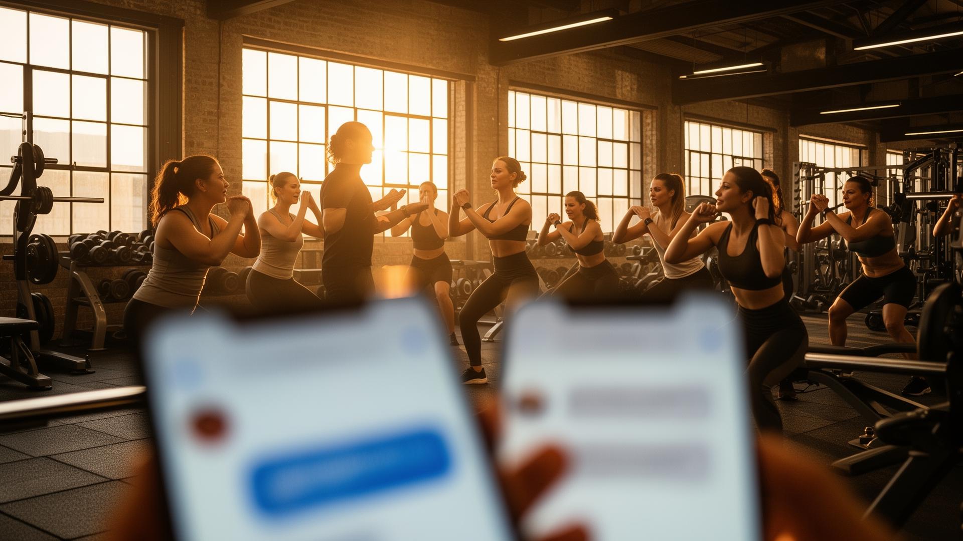 Boutique gym owner coaching a class while AI handles incoming leads on a phone