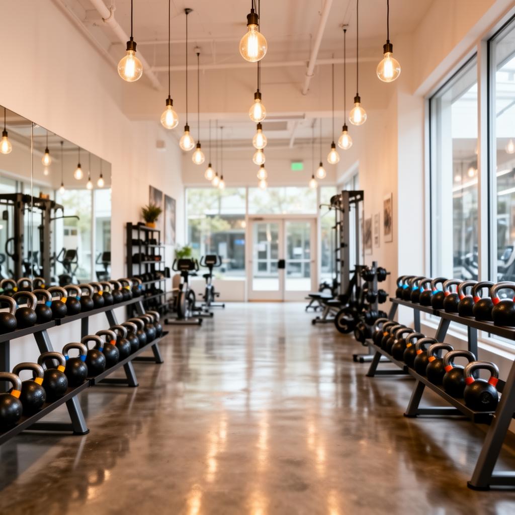 Modern boutique gym interior with kettlebells and equipment